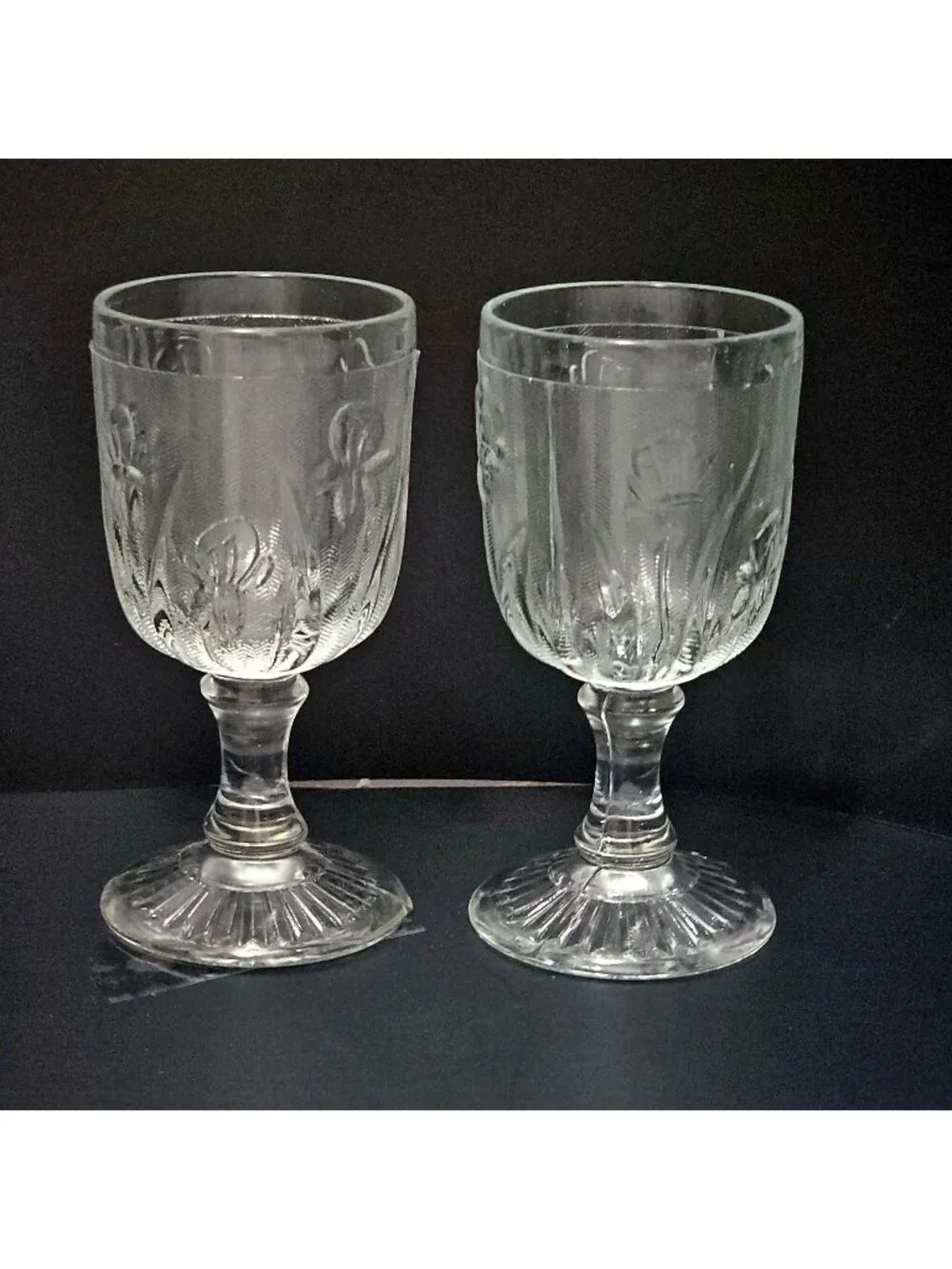 2 Jeanette Iris Port Wine Glasses 3oz Depression glass 1930s floral textured
